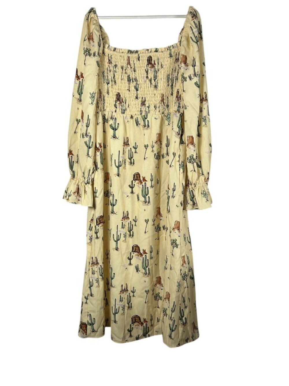 Kitri Joshua Tree Print Shirred Dress Size 12 Yellow Puff Sleeve Square Neck
